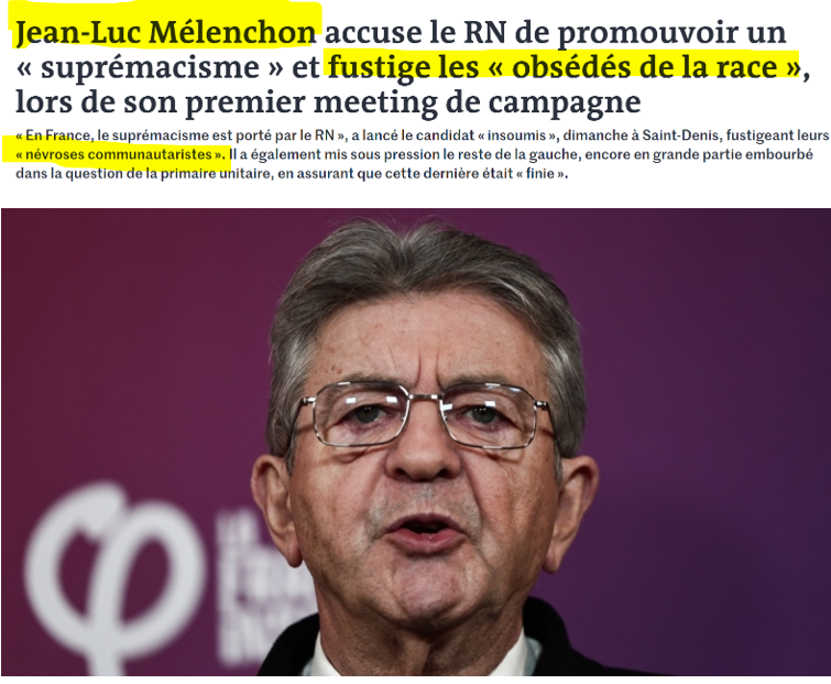 CWeillRaynal's tweet photo. Quand M. Tout Blanc Tout Moche fustige les "obsédés de la race". 
Quand le lider maximo de l'islamo-gauchisme traque les "névroses communautaristes". 
Hanté par ses propres fantômes, Mélenchon en fait un argument de campagne. https://t.co/68lihlpPr7
