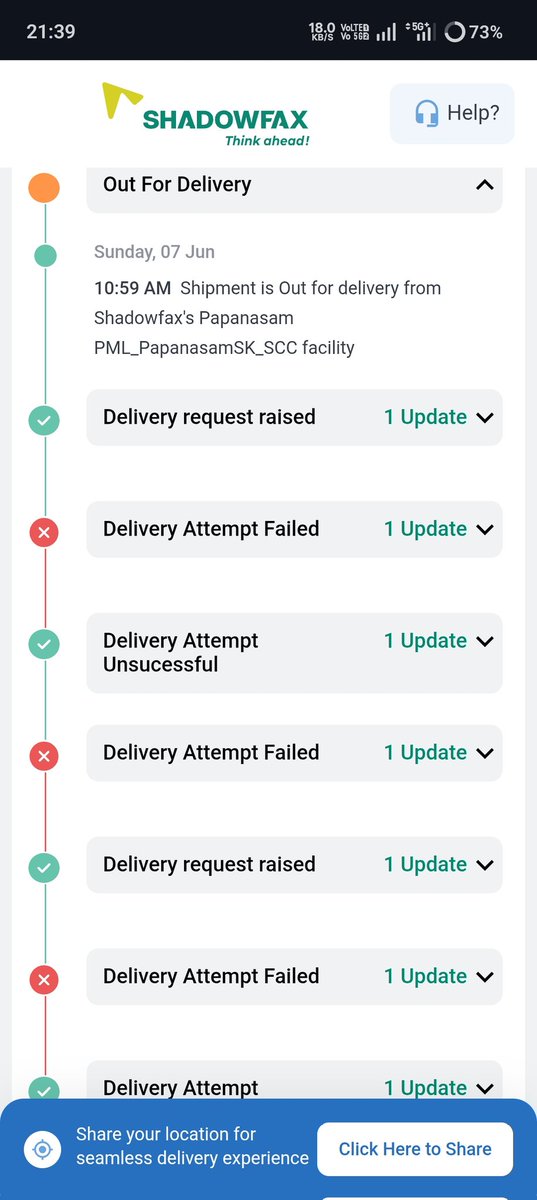 R_a_m_kumar56's tweet photo. @Flipkart @ShadowfaxIndia Extremely disappointed with the service. My watch order reached the nearest hub on June 2 and was supposed to be delivered by June 4. Since then, it has shown "Out for Delivery" every day, but no actual delivery attempt was made. https://t.co/7quyDJ0tpM