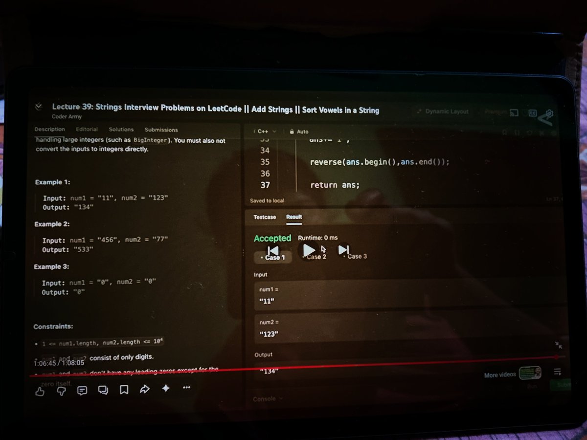 AnushkaGupta_11's tweet photo. Day 19: Today I learned and understood the concept of Strings:
Practiced problems on -
β’ Sort vowels in a string
β’ Add strings
Thank you @rohit_negi9 bhaiya @CoderArmy
#180DaysOfCode #DSA #Coder https://t.co/Lh44psPufk