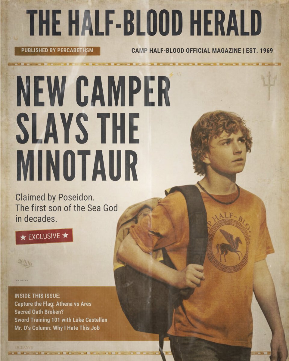 percabethsm's tweet photo. if camp half-blood had a magazine during percy jackson arrival #PJOEventWeek2026 https://t.co/WROKnPZEoZ