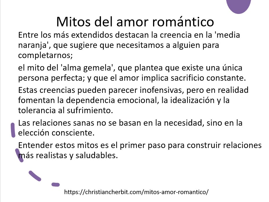 chcherbit's tweet photo. El primero es el mito de la media naranja: estamos incompletos y necesitamos encontrar a alguien para sentirnos plenos. El problema es que cuando buscamos en otra persona aquello que creemos que nos falta, podemos caer en la dependencia emocional.

https://t.co/k9ioR55fKo https://t.co/LSUccyCyVF