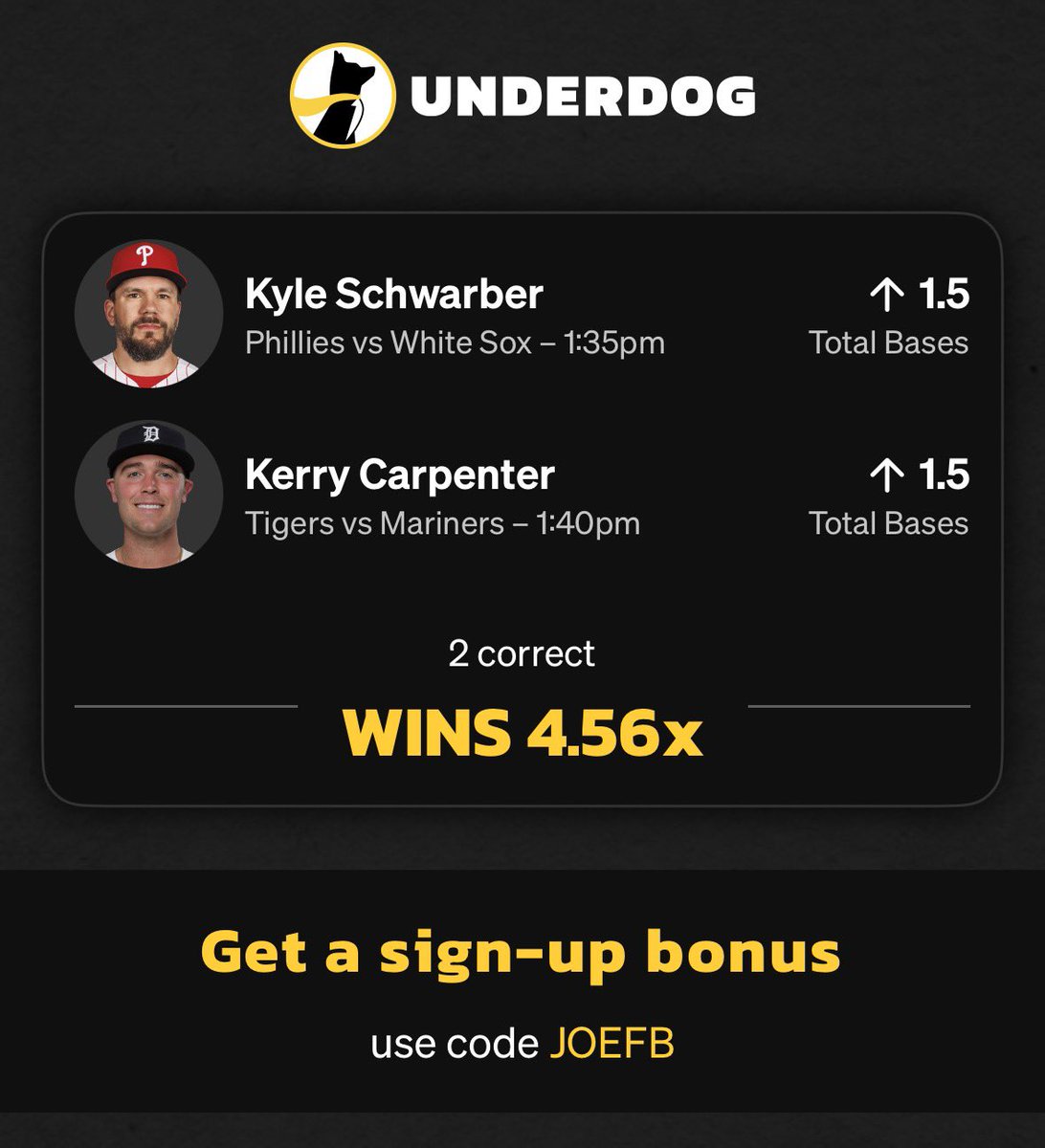 JoeSheaFootball's tweet photo. Here are my MLB Picks Today 6/7 
One has a free pick
Kyle Schwarber ⬆️1.5 Total Bases
Kerry Carpenter ⬆️1.5 Total Bases

Sign up for Underdog with code JOEFB to get $50 in bonus fantasy entries after your first $5 entry and a deposit match up to $1000! https://t.co/CfUh36CCPM https://t.co/zraVVeWoZx