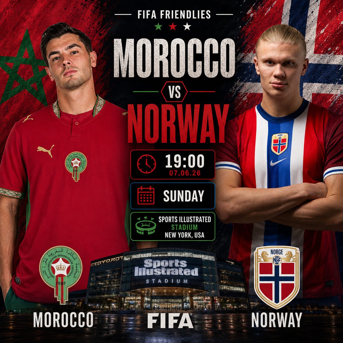 FTextraTime's tweet photo. 🏆| #FIFAFriendlyMatch
⚽| #Norway 🆚#Morocci
🗓️ | Sunday 07 June 2026
⏰| 19:00 GMT
🏟️| Sports Illustrated Stadium https://t.co/Xi5Pv1so5M