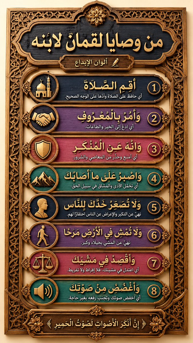 AlwanDesigns's tweet photo. 🌟 من وصايا لقمان الحكيم لابنه 🌟

كلمات نور من القرآن الكريم، وصايا خالدة في التربية والأخلاق والحياة.

احفظها.. عيشها.. وعلّمها أولادك وبناتك 👇

شارك الوصايا الآن مع كل أب وأم وأبن  وأبنه ❤️

من يشارك يلحق أجر من عمل بها إن شاء الله!

#وصايا_لقمان #لقمان_الحكيم #تربية_الأبناء #نصائح_إسلامية #اسلام #مسلم #خير #دين