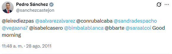 keiser_soz's tweet photo. Parece que alguien ha descubierto hoy la antigua cuenta (ya desactivada para el cloaquismo) de Leire Díez.

Y parece que hay interacciones por doquier. Este "buenos días" es, por fin, la pistola humeante del SÁNCHEZGATE. https://t.co/8ue46cA6Ef