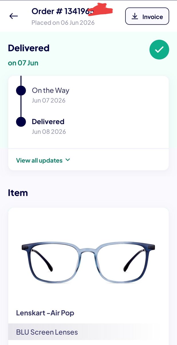deepak288k's tweet photo. @Lenskart_com what kind of service and technology do you have? Today is 7th June, 2026 and your application is showing glasses delivered on 8th June, 2026. How's this possible? And I haven't collected the glasses yet and still it's showing it's delivered. Please work on your tech https://t.co/pNSnLujqF3