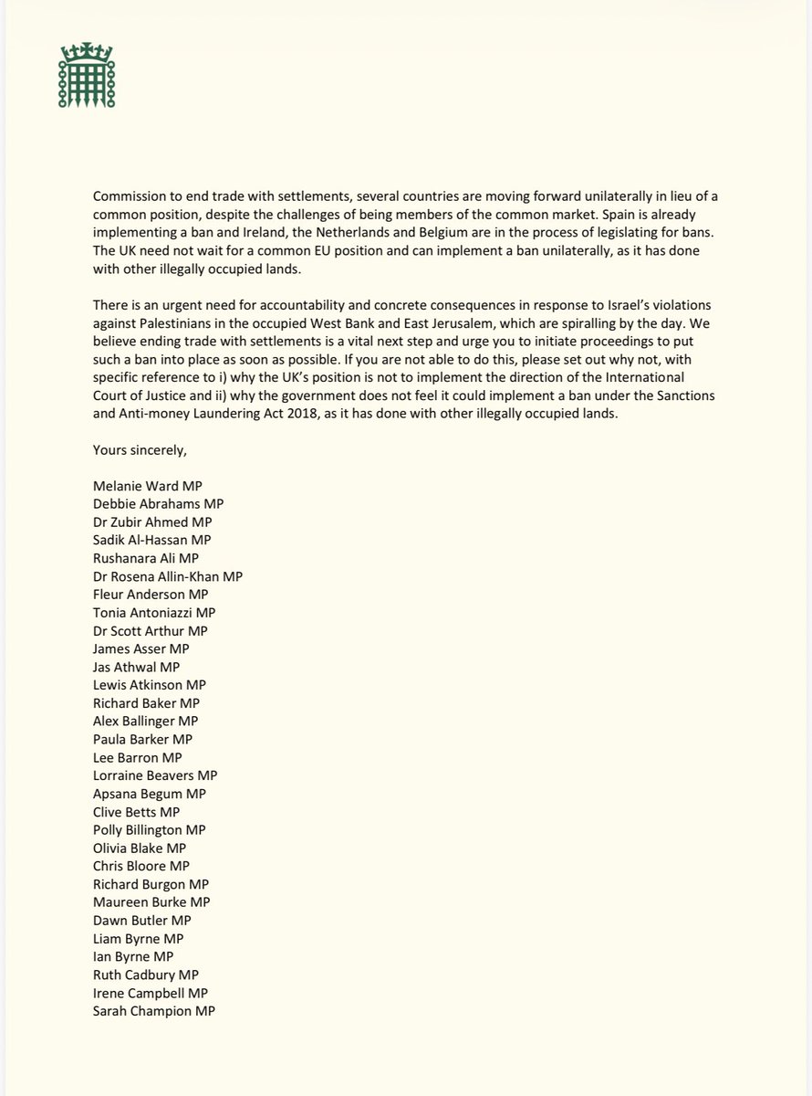melanie_ward's tweet photo. Together with almost 140 fellow Labour MPs, I have written to the Foreign Secretary to call for a ban on trade with illegal Israeli settlements. Our group includes every Labour select committee chair. 

It’s time to be clear that settlements have no viable economic future

(1/2) https://t.co/beerko7qLs