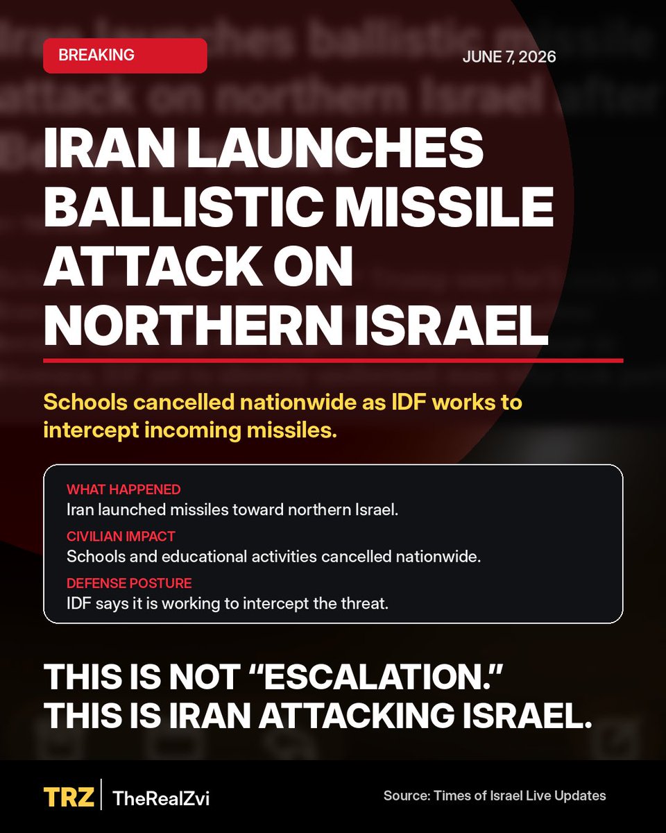 therealZvi's tweet photo. Ballistic missiles aimed at Israeli civilians are not “resistance.” They are terrorism.
Stop laundering it. Stop excusing it. Stop blaming Israel for defending its people.
Iran firing at civilians is the escalation. Israel responding is self-defense. https://t.co/vYsB99zD1R