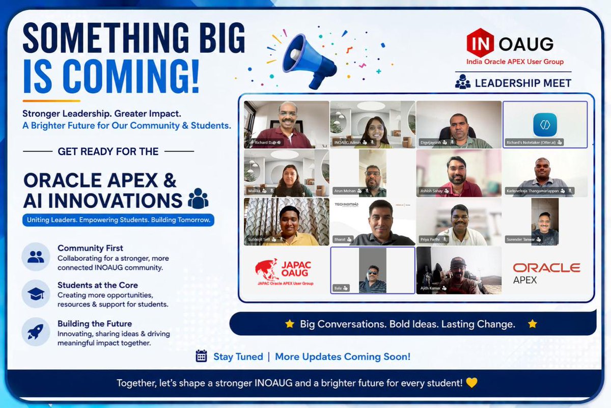 inoaug's tweet photo. 🚀 Exciting times ahead for the Oracle APEX community!

The INOAUG Leadership Team met today to plan upcoming initiatives focused on Oracle APEX, AI, developer growth, and community engagement.

Stay tuned for exciting events!

#OracleAPEX #AI #GenAI #Oracle #Database26ai #INOAUG https://t.co/5BZqXr0jgr
