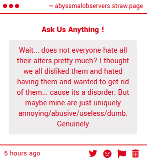 _abyssmalbeings's tweet photo. Some do, some don't! And to add to that, some alters feel differently about the rest of their headmates than others

For me (Avery), I'm very positive about the rest of my headmates!
And for me (Abyss) I'm very neutral, some of these fuckers do NOT need to be in here https://t.co/dlHpjRiSMd