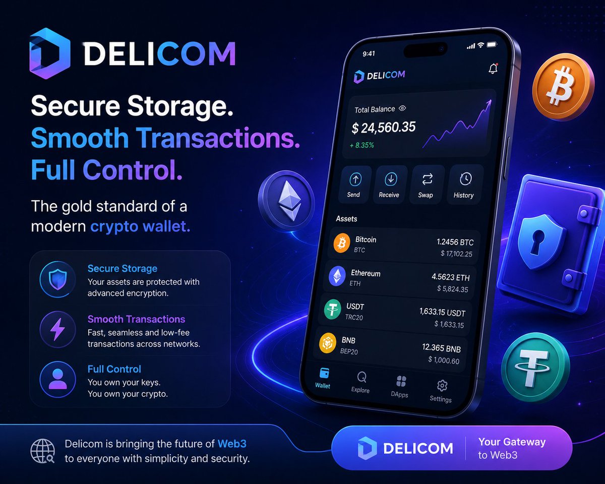 Rakibsr9's tweet photo. 🔐 Secure Storage.
⚡ Smooth Transactions.
🎯 Full Control.Everything a modern crypto wallet should deliver.Delicom is redefining the Web3 experience with a user-friendly, intuitive platform built for everyday users. Whether you're new to crypto or a seasoned explorer, managing digital assets has never felt this simple.🚀 The future of Web3 starts with a better wallet experience.
#Web3 #CryptoWallet #Blockchain #Delicom #DelicomWallet #Crypto #Web3