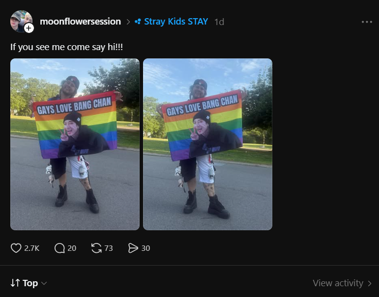 BangChanDiv's tweet photo. Another beautiful interaction: Bang Chan smiled and pointed at a pride flag a STAY held up during the NYC Govball.

#BangChan #방찬 #バンチャン https://t.co/9O14bYuNJO