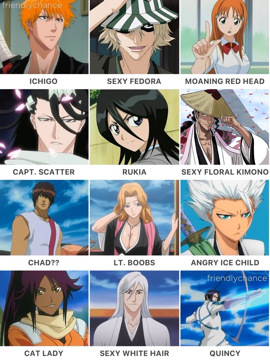 walkingflex_'s tweet photo. Bleach characters for the casual watcher https://t.co/hf0NffjAQV