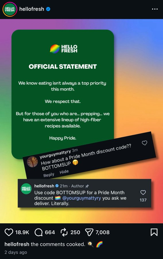AwakenedOutlaw's tweet photo. What (hello)fresh hell is this?  

If I'm reading things correctly... HelloFresh is running a 'Prepare your butthole for penetration' Pride Month marketing campaign.  Even offering a discount code for that end (pun intended).

Wow. https://t.co/UIKDAg957Y