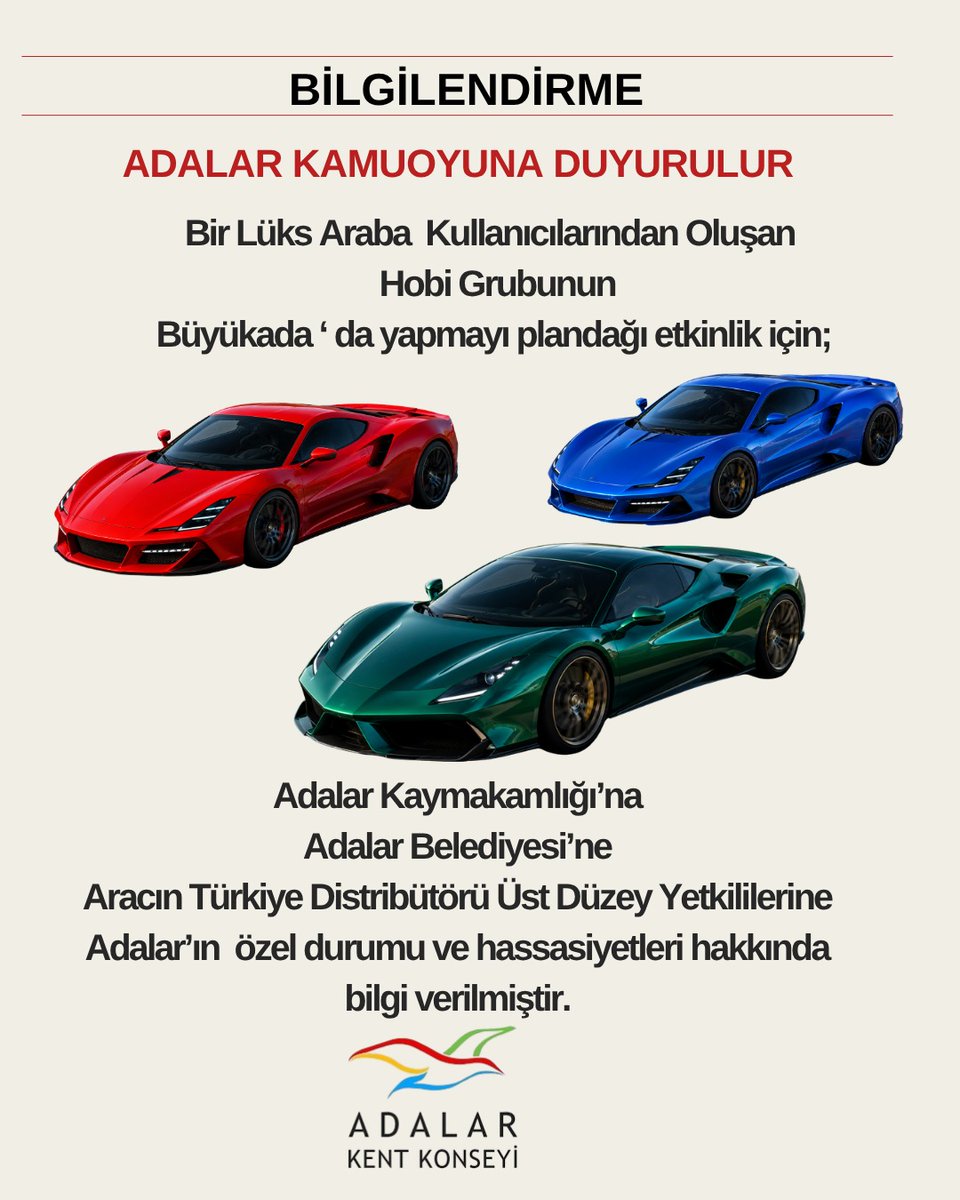 AdalarKent's tweet photo. KAMUOYUNA;
Bir lüks otomobil hobi grubunun Haziran’da Büyükada’da “gezi ve teşhir” etkinliği iddiası üzerine, en aktif Kent Konseyi bileşenlerimize danıştık.
Yapılan anket sonucu: Görüş bildirenlerin tamamı, oy birliğiyle etkinliğe karşı. https://t.co/LGvGKRquxt