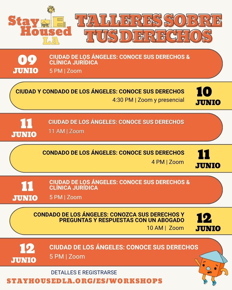 stayhousedla's tweet photo. ¡Resumen semanal de talleres! Los talleres «Conozca sus derechos» están abiertos a todos los inquilinos. Los talleres sobre desalojo están dirigidos a inquilinos que se enfrentan a un desalojo. Visita https://t.co/BvgMPp6Tct para obtener más información y registrarse. https://t.co/U3OoMT7GPp