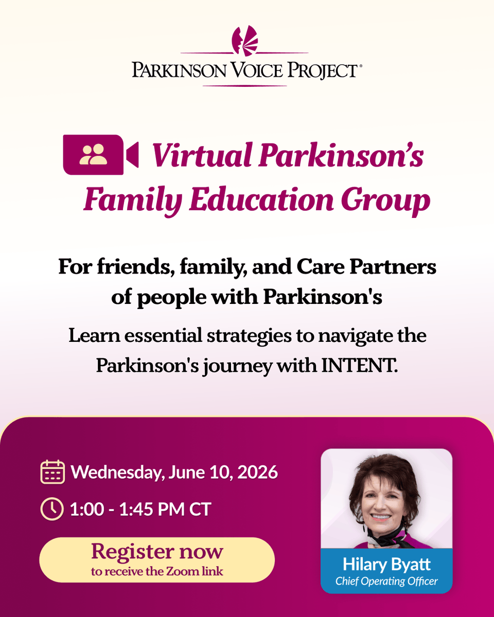 PVP646's tweet photo. Join our Virtual Parkinson's Family Education Group. This month's topic is "Choose Connection Over Isolation: SPEAK OUT! Therapy keeps voices and relationships strong. 

Click the link to register:https://t.co/inL8JY0X99

#CarePartnerSupport #ParkinsonsEducation #SPEAKOUTTherapy https://t.co/yBNqXdMqI8