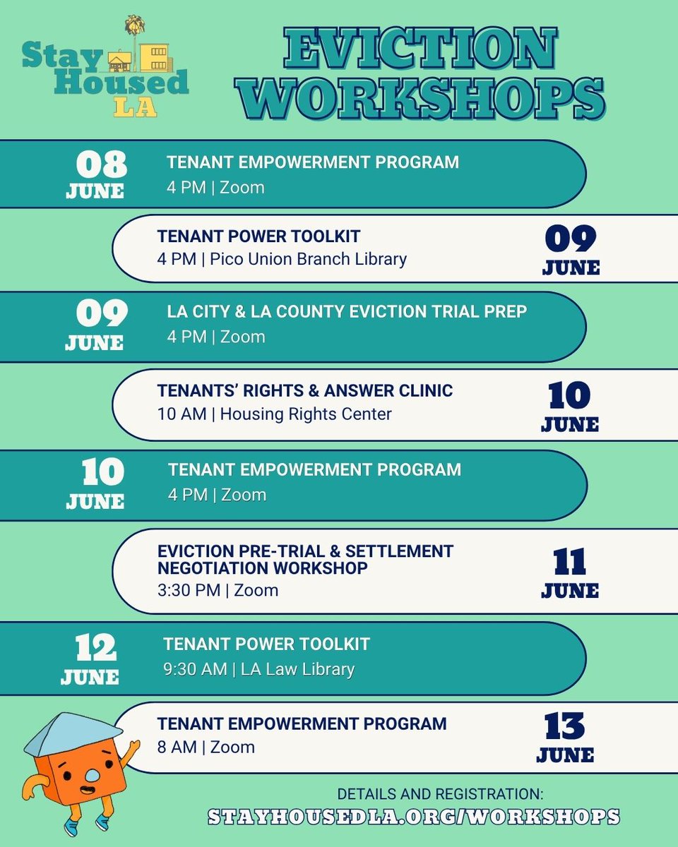 stayhousedla's tweet photo. Weekly workshop roundup! Know Your Rights Workshops are open to all renters. Eviction Workshops are for tenants facing eviction who need help understanding the process and preparing paperwork. Visit https://t.co/Gx0dIsrXhE for registration and eligibility details. https://t.co/OW4hM1hmtF