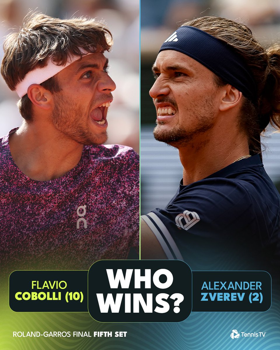 TennisTV's tweet photo. ONE SET TO WIN IT ALL 😳🏆

We're into a final set shootout - where either Cobolli or Zverev will walk away with their first Grand Slam!

#RolandGarros https://t.co/WPzpIc6FMv