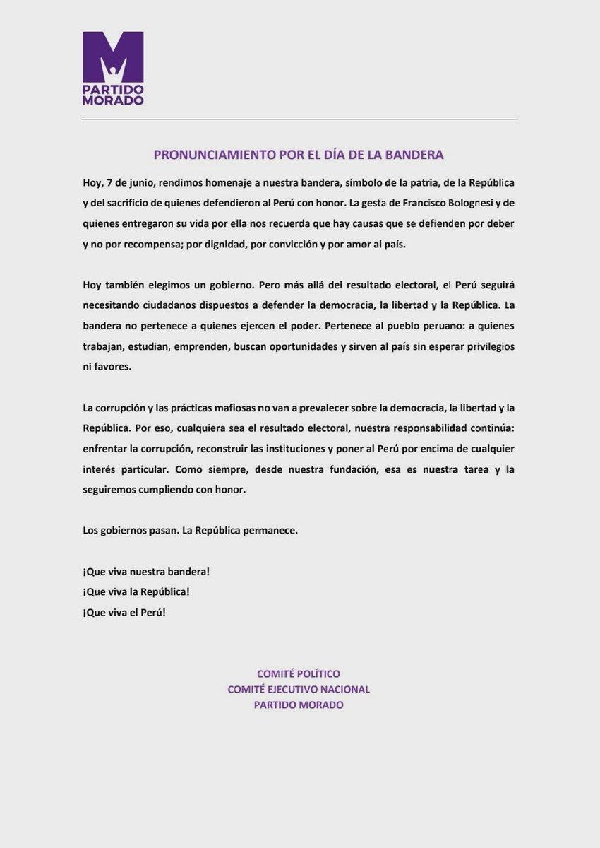 partidomorado's tweet photo. En el Día de la Bandera rendimos homenaje a quienes defendieron nuestra patria con honor. Hoy, mientras los peruanos decidamos el rumbo del pais, renovamos nuestro compromiso con la democracia, la República y el Perú.

¡Viva nuestra bandera! https://t.co/xuGqHfvrxu