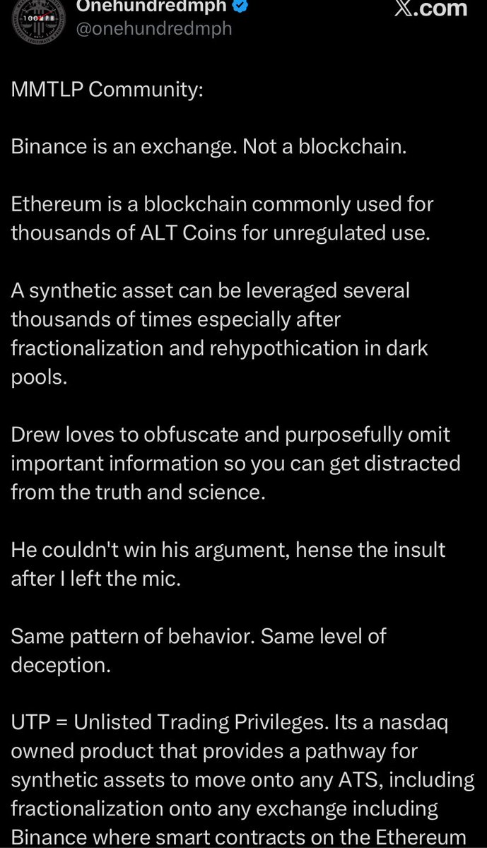 KarmaCollects's tweet photo. $MMTLP OneHundred is a liar. Plain and simple. Yes, Binance is an exchange, but BSC is Binance’s Smart Chain. It is a blockchain. Launched by Binance. Proof here, explained for people just like 100: https://t.co/QH233Bp9rf

The point about Ethereum’s chain is irrelevant, because this token does NOT appear on Ethereum’s chain.

Obfuscate? People don’t have to believe me… I post citations so they can see for themselves. You are trying to use Mama K to push your narrative. And you were insulted because you’re a predator. Elf demonstrated it, and last night confirmed it when you ran away after getting your ass handed to you by someone who doesn’t buy your bullshit.
