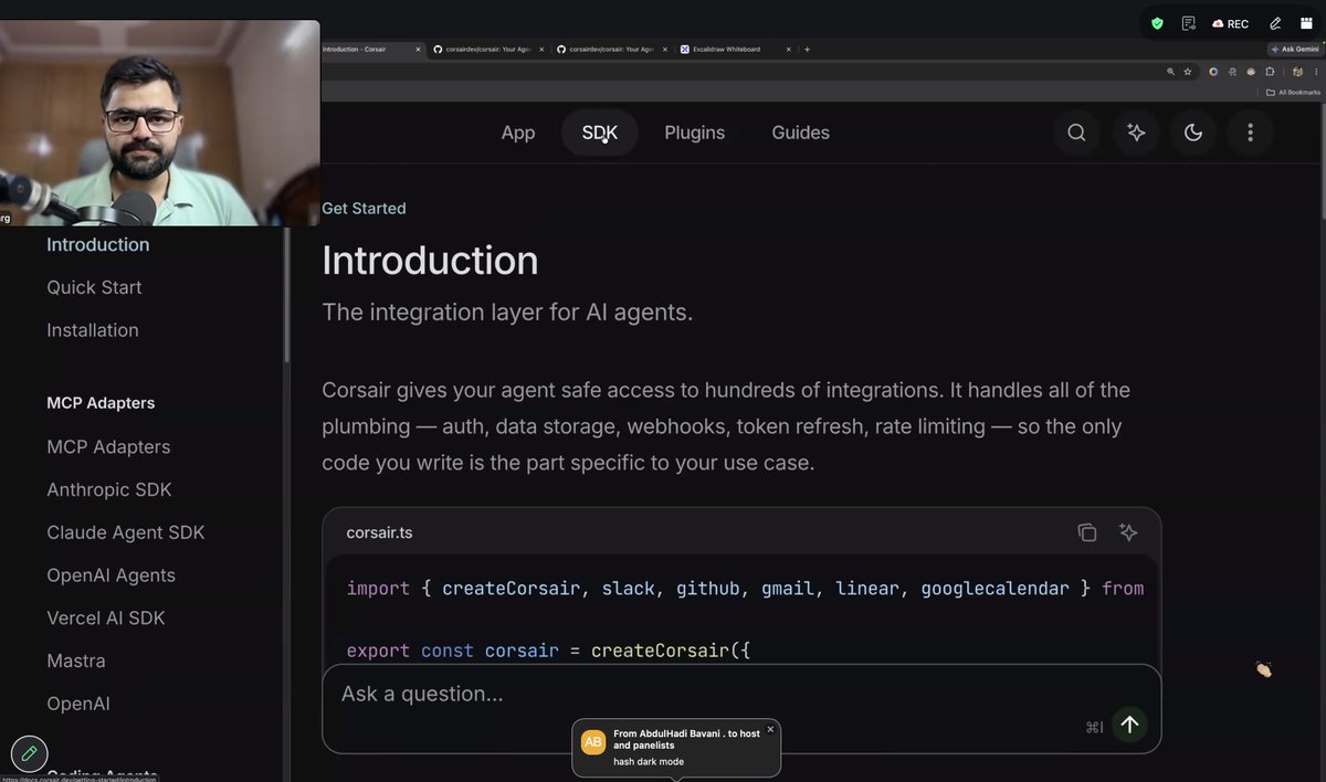 devwithjay's tweet photo. 🛠️ 𝗕𝘂𝗶𝗹𝗱𝗲𝗿 𝗺𝗼𝗱𝗲: 𝗢𝗡

Today we got introduced to Corsair, explored how AI can interact with tools like Gmail, Calendar, GitHub and more, and got a glimpse into what modern agentic applications can look like.

#AI #AgenticAI #Corsair #BuildInPublic #ChaiCode https://t.co/IYF6PJsz6M