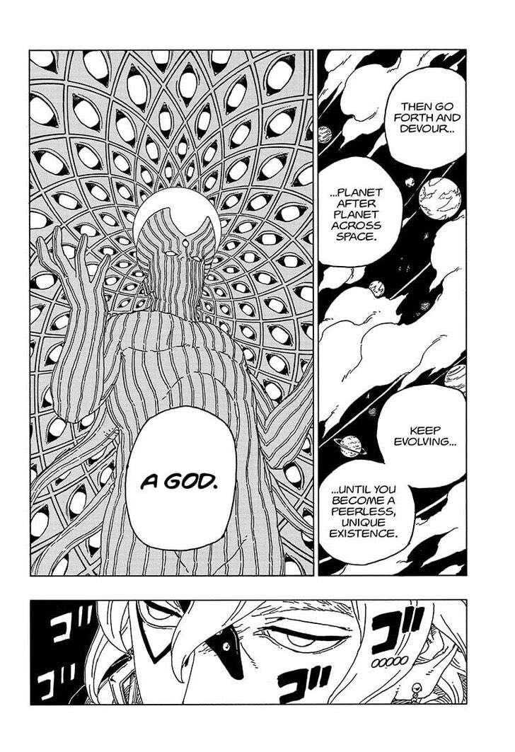 Cod192e's tweet photo. Jura somewhat resembles the Ōtsutsuki God mentioned by Isshiki. Instead of the sphere, he has a head, and his collar has a shape similar to the God’s horns. Instead of having hundreds of eyes, he can sense the emotions of the other Tree People.
#BorutoTwoBlueVortex #Boruto https://t.co/g9Fpu6xK2T