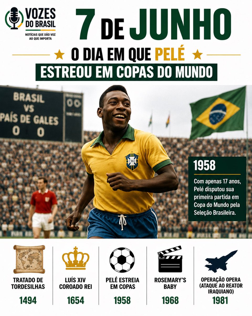 vozesdobrasill's tweet photo. 𝐅𝐀𝐓𝐎𝐒 𝐇𝐈𝐒𝐓𝐎́𝐑𝐈𝐂𝐎𝐒: 

Hoje é 7 de junho.

Em 1958, um jovem de apenas 17 anos vestiu a camisa da Seleção Brasileira pela primeira vez em uma Copa do Mundo.

Naquele dia, Pelé estreava em Mundiais. Poucos poderiam imaginar que o garoto se tornaria o maior campeão da história das Copas, conquistando três títulos e transformando para sempre o futebol mundial.

Mais do que o início de uma carreira lendária, aquele foi o primeiro capítulo de uma história que ajudou a projetar o Brasil para o mundo.

Alguns jogadores marcam épocas. Pelé marcou a história.

Você considera Pelé o maior jogador de futebol de todos os tempos?