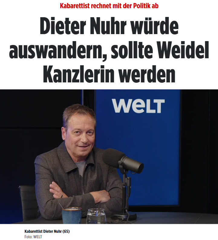 PeterBorbe's tweet photo. Wenn ein Komiker, der permanent von Links angefeindet wird, weil er zu "rääächts" ist, trotzdem brav sein Sprüchlein aufsagt, er würde auswandern, wenn die AfD an die Regierung kommt. Hat Dieter Nuhr Angst, dass er sonst seine ÖRR-Sendung verliert? https://t.co/xqGdPsn0K9