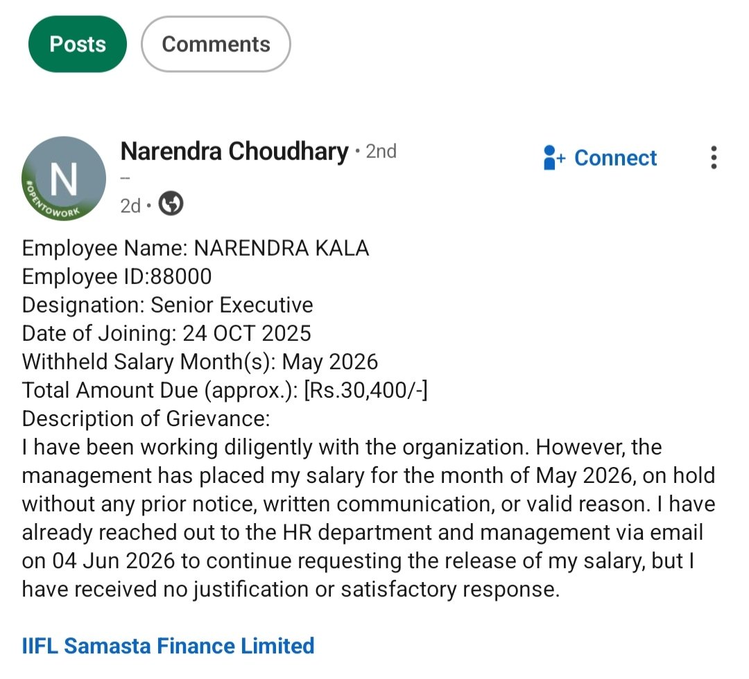 mr_moulick's tweet photo. Salary is not a favour. It is a legal and moral obligation.

Today, I came across a post from an employee of @IIFL_Finance claiming that his salary for an entire month has been withheld without prior notice, written communication, or any explanation.

Whether the allegations are ultimately proven or not, one question remains:

How can an employee be expected to continue working when the employer fails to communicate why his earned wages are being withheld?

Across the banking, NBFC and financial services sector, stories of employees facing salary holds, forced resignations, arbitrary performance actions, workplace harassment and denial of basic employment rights are becoming increasingly common.

Employees are expected to meet targets, work beyond office hours, remain available on holidays and deliver results under immense pressure. Yet when it comes to paying wages on time, many organizations suddenly become silent.

A delayed salary is not merely a payroll issue.

It affects rent payments. It affects EMIs. It affects families. It affects dignity.

No employee should have to publicly plead for the release of wages earned through honest work.

If there is a dispute, communicate it. If there is an issue, document it. If there is a policy violation, follow due process.

But withholding an employee's livelihood without transparency cannot become an accepted workplace practice.

The financial sector often speaks about governance, ethics and compliance. Those principles must begin with how employees are treated.

Respect for employees is not measured by corporate slogans. It is measured by actions when an employee raises a grievance.

[@RBI @nsitharaman @PMOIndia @FinMinIndia @bankpediaa @iNitinTyagi]

#EmployeeRights #WorkplaceJustice #BankingSector #NBFC #SalaryDelay #LabourRights #CorporateGovernance #HumanRightsAtWork #SpeakUp