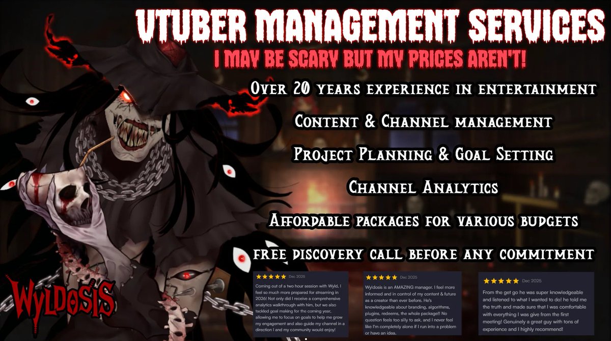 Wyldosis's tweet photo. Looking for vtuber management from an experienced entertainment manager? Well after having to close slots for a while I've finally got some open again!

If you are interested please drop me a DM to arrange a free discovery call! https://t.co/vrNLzQaBKA