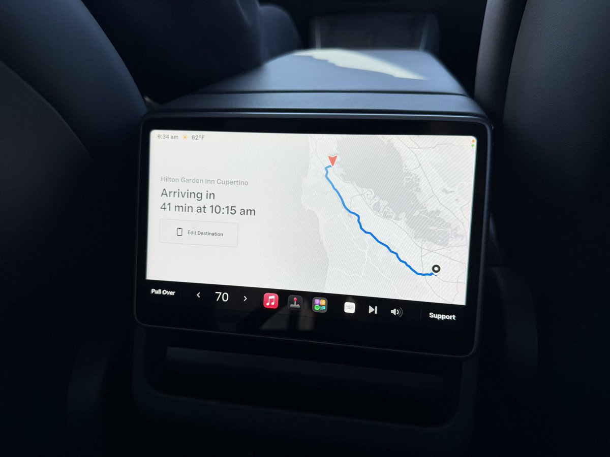brandonbernicky's tweet photo. Landed at SFO for #wwdc and Ubered to a nearby coffee shop to experience @robotaxi for the first time. This is incredible! ETA in Waymo, 2.5 hours, Robotaxi just 40min. And Apple Music is already authenticated and ready for me. The future is here 🤯 @elonmusk @wholemars https://t.co/3z4ntvEZjk