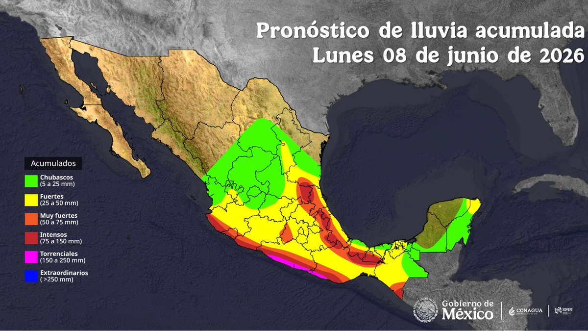 conagua_clima's tweet photo. En los gráficos puedes consultar la actualización del #Pronóstico de #Lluvias y el acumulado que se prevé del 7 al 8 de junio en las diferentes zonas de nuestro país. Recuerda extremar precauciones y seguir las indicaciones de Protección Civil https://t.co/hXbLIWpJ3E