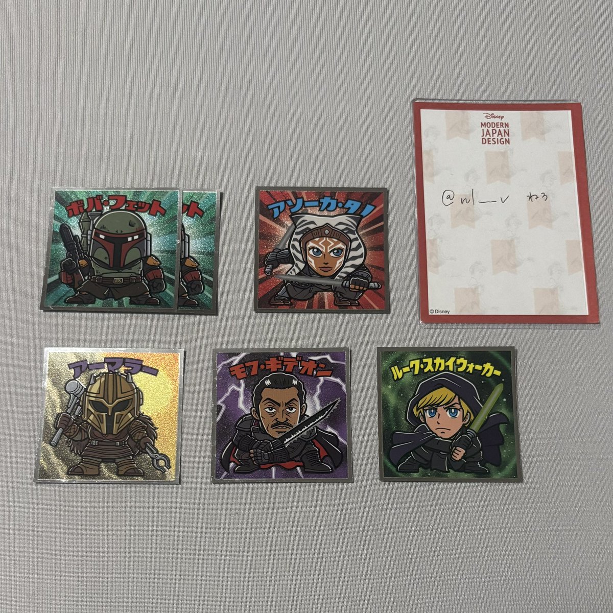 nl___v's tweet photo. スターウォーズ ビックリマンチョコ マンダロリアン シール 交換

譲:3(ボバ・フェット)、4(アソーカ・タノ)、13(アーマラー)、18(モフ・ギデオン)、19(ルーク・スカイウォーカー)

求:6(パズ・ヴィズラ)、9(IG-11)
※コンプ目的、各1

郵送希望、纏めての方優先
検索からもお気軽にお声掛けください https://t.co/Lp8mrpKsPw