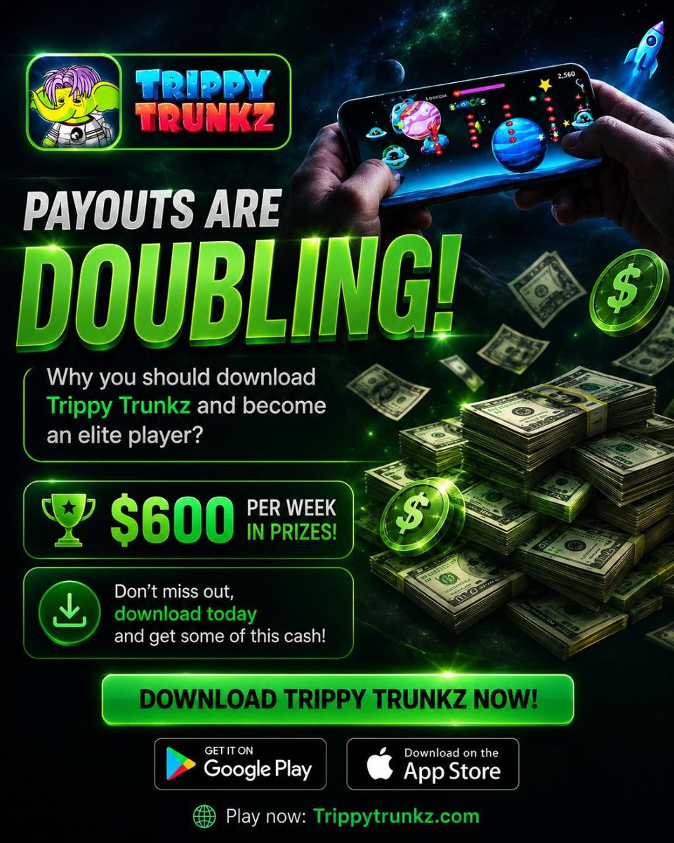 TrippyTrunkz's tweet photo. BIG ANNOUNCEMENT 

The Trippy Trunkz reward pool is getting a major upgrade!

Weekly payouts are now doubling, with up to $600 in prizes available every week for players who rise through the ranks and dominate the leaderboard.

Whether you’re already competing or just getting started, this is your opportunity to turn your skills into rewards. Download Trippy Trunkz, level up your gameplay, and claim your place among the elite.

The competition is heating up. Are you ready to make your move? 

Android: https://t.co/odKZg6i9QQ

iOS: https://t.co/LFa6U9ZQMF