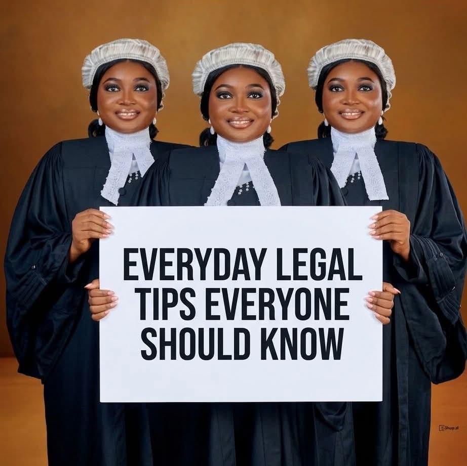 BSAT_Properties's tweet photo. EVERYDAY LEGAL TIPS EVERYONE SHOULD KNOW.

1. Do not use another person's identity, bank details, or personal information without their permission.

2. Do not agree to keep or hold another person's bag, package, or property when you do not know what it contains. If the item is illégal, you may also be held responsible.

3. Do not participate in online scams, fake giveaways, or impersonation on social media. Such actions can amount to obtaining by false pretence.

4. Do not forge or alter documents such as receipts, agreements, or ID cards. Forgery is a serious criminal offence.

5. Do not threaten people with violence, harm, or blackmail, whether verbally or online. Threat to life is an offence.

6. Do not keep items you reasonably suspect to be stolen. You may be charged for receiving stolen property.

7. Be careful about forwarding false information or damaging contents about others online. This may amount to defamation or cyber crimes.

8. Do not enter another person's land, house, or property without permission. This may amount to criminal trespass.

9. Do not record or share private images or videos of others without their consent, especially if it may embarrass or harm them.

10. Avoid helping anyone hide evidence or cover up a crime. Assisting in such acts may make you an accomplice.

As much as practicable, AVOID TROUBLE!
Mind your business and stop looking for what is not looking for you😄

Stay Informed.
Stay Protected.
Stay Legally Wise.

IGNORANTIA JURIS NON EXCUSAT.

© Naomi Umeje, Esq.