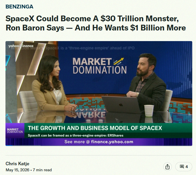 lvken09's tweet photo. Billionaire investor Ron Baron thinks SpaceX $SPCX might hit $30 trillion in value within the next 10 to 15 years 🚨🚨🚨 https://t.co/wTfJ4FVEkR