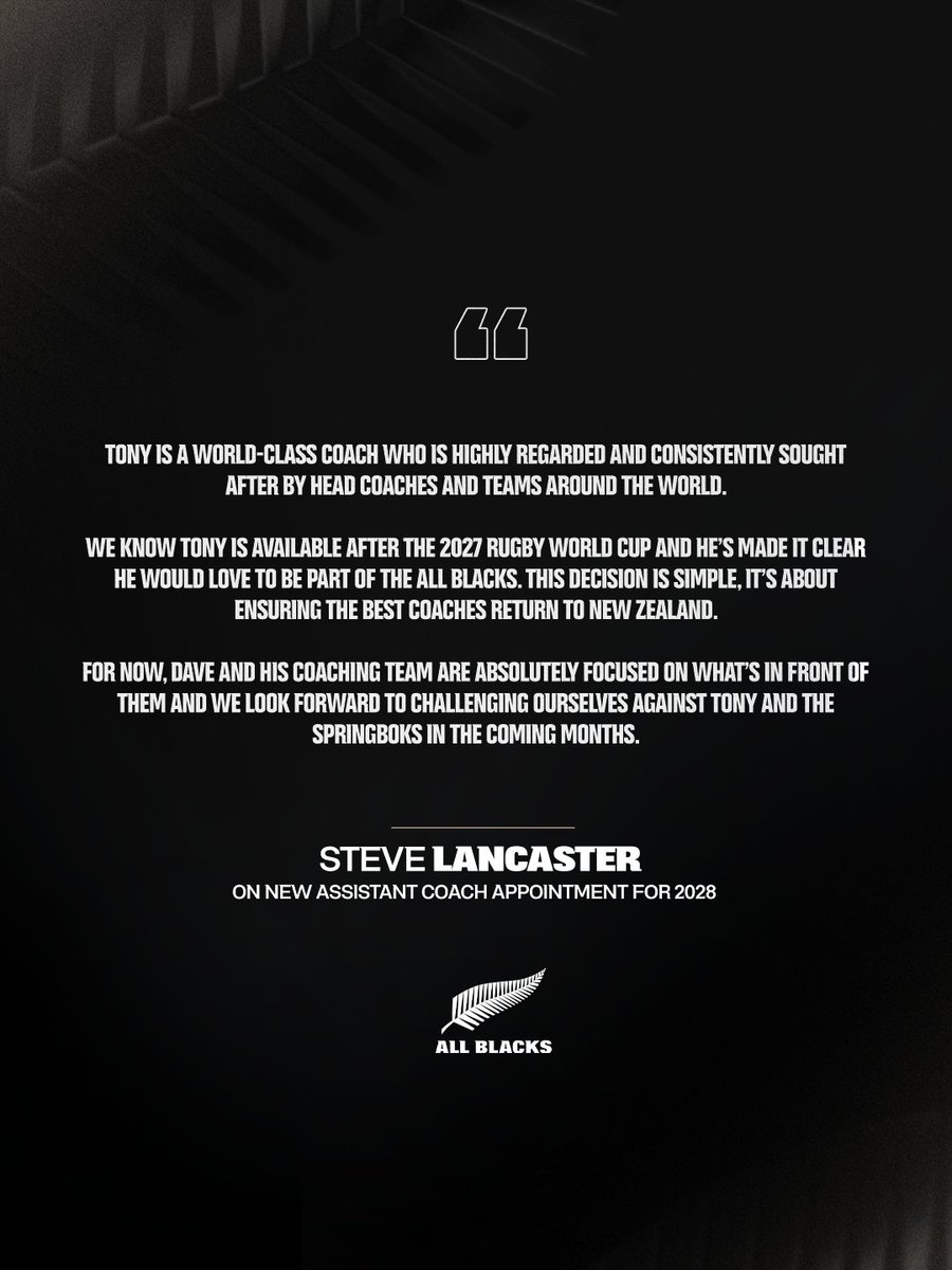 AllBlacks's tweet photo. Tony Brown joins in 2028 as All Blacks Assistant Coach. See you soon 🤝🏽 https://t.co/PvDmeOfgc3