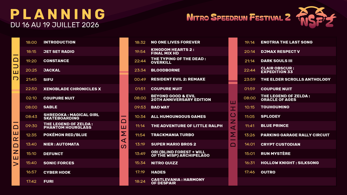 Nitro_Speedrun's tweet photo. 📢 Planning NSF 2 !

Il est beau, il est chaud et il sent les vacances ! ☀️
Voici le planning du NSF2 qui se déroulera en présentiel à Lyon du 16 au 19 juillet prochain ! 

Merci à vous tous·tes et à notre team review pour ce planning ! 👌

Détail par jour juste ici 👇 https://t.co/WzLCAg77i6
