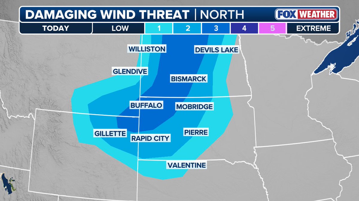 foxweather's tweet photo. SEVERE WEATHER HQ ‼️: North and South Dakota are bracing for destructive winds - potentially reaching 80 mph - and damaging hail as severe storms are expected to erupt across the Northern Plains this evening. An upgraded Level 3 out of 5 severe weather threat is in place. Check out the latest forecast maps highlighting the danger zones, and stay with FOX Weather through the night for live updates.