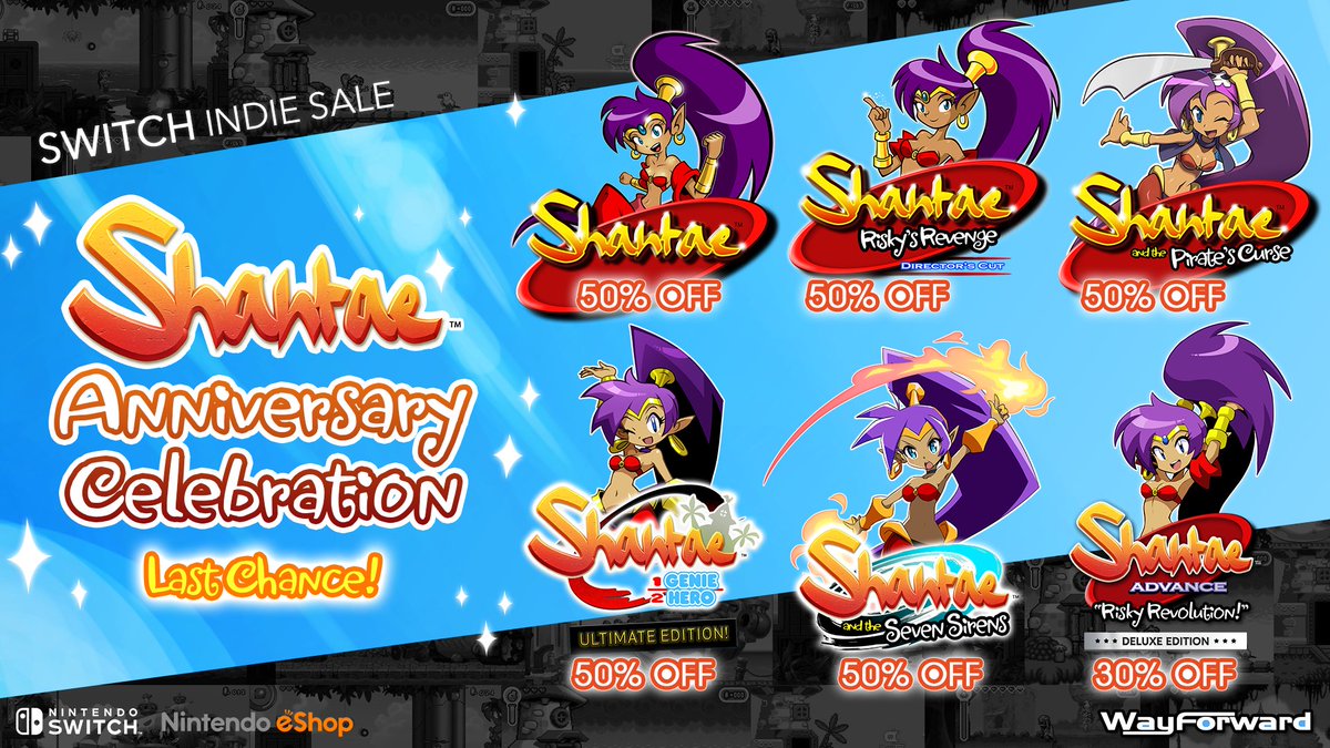 WayForward's tweet photo. Our Shantae Anniversary Sale on Switch ends today! It's your chance to save on almost every entry in the hair-whipping, hip-shaking, shape-shifting, belly-dancing Shantae series! https://t.co/yVuXKFUccF