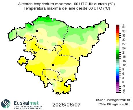 Euskalmet's tweet photo. 🌡#Tmax
📈Asko igo dira gaur eta uda sasoiko balioak neurtu dira. Ipar-ekialdeko haizearen ondorioz, kostaldean neurtu dira baxuenak.
📉Mañana bajada importante de las máximas, en torno a 10 ºC en muchos puntos del interior; apenas alcanzarán los 20 ºC, excepto en el sur. https://t.co/zzNNyu8rh9