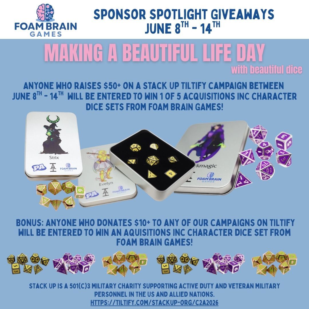StackUpDotOrg's tweet photo. Starting tomorrow! Our next Spotlight Giveaway. Win some dice by fundraising to support Veterans through the power of gaming.

It's never too late to sign up and fundraise with Stack Up.
https://t.co/ggjErUTbH5 https://t.co/typLMvsnlx