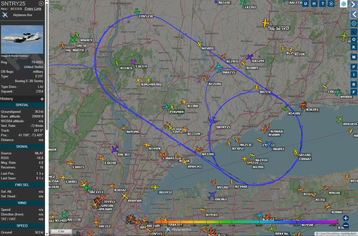 KB1JHU's tweet photo. 79-0002 as SNTRY25 over NY and CT

Track with @live_airplanes:  https://t.co/QTf8S8gZo2

#ADSB #flighttracking #BoeingE3B #E3BSentry #AWACS https://t.co/PqrjlJ1JVP