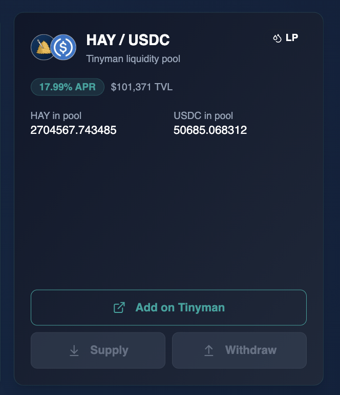 dork_fi's tweet photo. Put your LP to work.

DorkFi Pools surfaces $HAY &amp; $USDC Tinyman pairs with live yield stats.

Then lets you supply LP straight into lending as collateral.Earn fees. Stay in the pool.

https://t.co/fnFOXuRLYs https://t.co/k1o5LNz0Wv