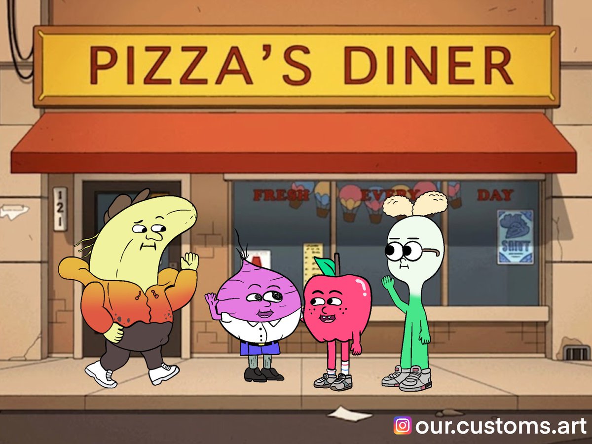 Our_Customs's tweet photo. This #smilingsunday the smiling friends are out on the town as they get extra fruity meeting apple and onion. Pim is a turnip btw and Charlie is a banana dipped in chocolate.
#smilingfriends #appleandonion #cartoonnetwork #adultswim https://t.co/W9rzxqW4Q5
