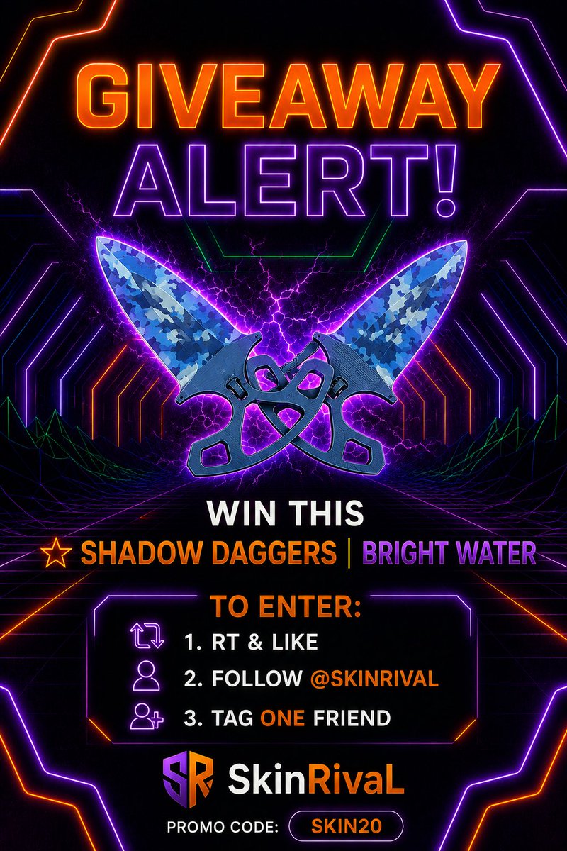 Rensorcs's tweet photo. Shadow Daggers | Bright Water Giveaway 🥳

To enter:
✅Follow @Rensorcs &amp; @skinrival 
✅Retweet &amp; like this post
✅Tag a friend

Winner will be selected in 8 days. Good luck! 🍀

You can check out skinrival whit promo code SKIN20 for 20% deposit bonus 🥰 https://t.co/MF0wRMEgis
