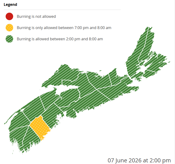 NS_DNR's tweet photo. Burning is not permitted between 8am and 2pm. 

Check before you burn and know your municipal bylaws. 

https://t.co/nEMLDfeFq5 https://t.co/P1sToWPXeR