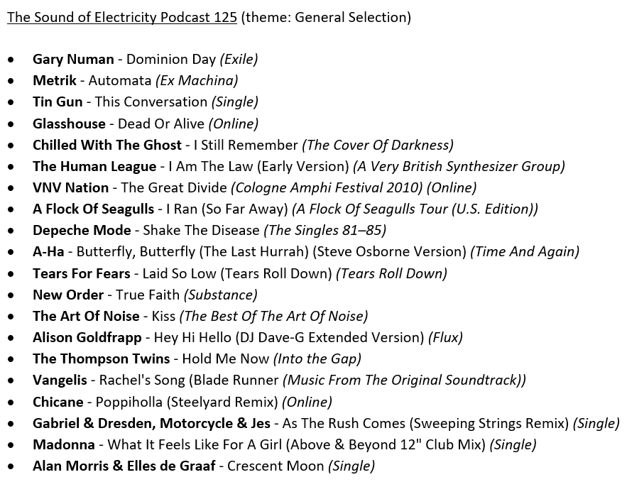 SoundElectric1's tweet photo. Episode 125 with:  

@seagullsrunning
@aha_com
@alanmorrismusic &amp; @EllesdeGraaf
@NickChicane
@depechemode
@GabrielNDresden 
@numanofficial
@madonna
@MetrikMusic
@neworder
@tearsforfears
@artofnoiseoffic
@humanleagueHQ
@TinGunOfficial
@VNV_Nation
https://t.co/9QIIYtF60J https://t.co/cnmXI9hyBg