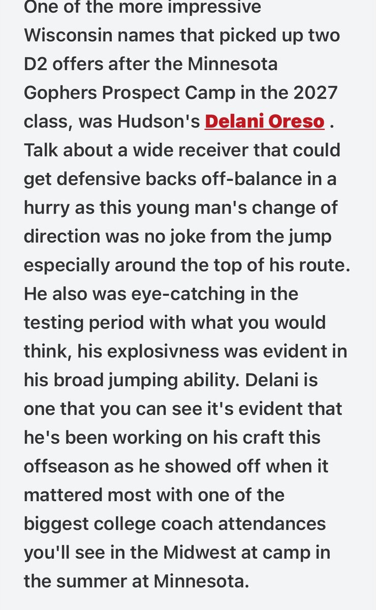 Delani_Oreso's tweet photo. Thank you @NWahlScouting For the write up after the @GopherFootball Camp!!

@PrepRedzoneWI @OJW_Scouting @MJ_NFLDraft @mn_grind @IsaacFruechte14 @Coach_Fleck https://t.co/gIr9z7L4i6